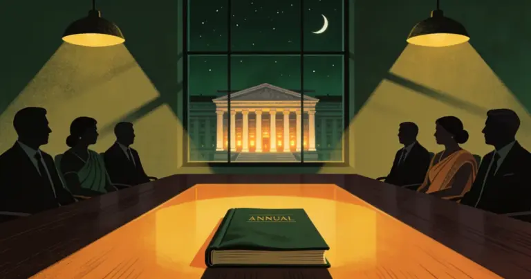 Faceless board members at a night boardroom table with a green clothbound annual report under amber lamplight, a lit stock exchange colonnade through the window