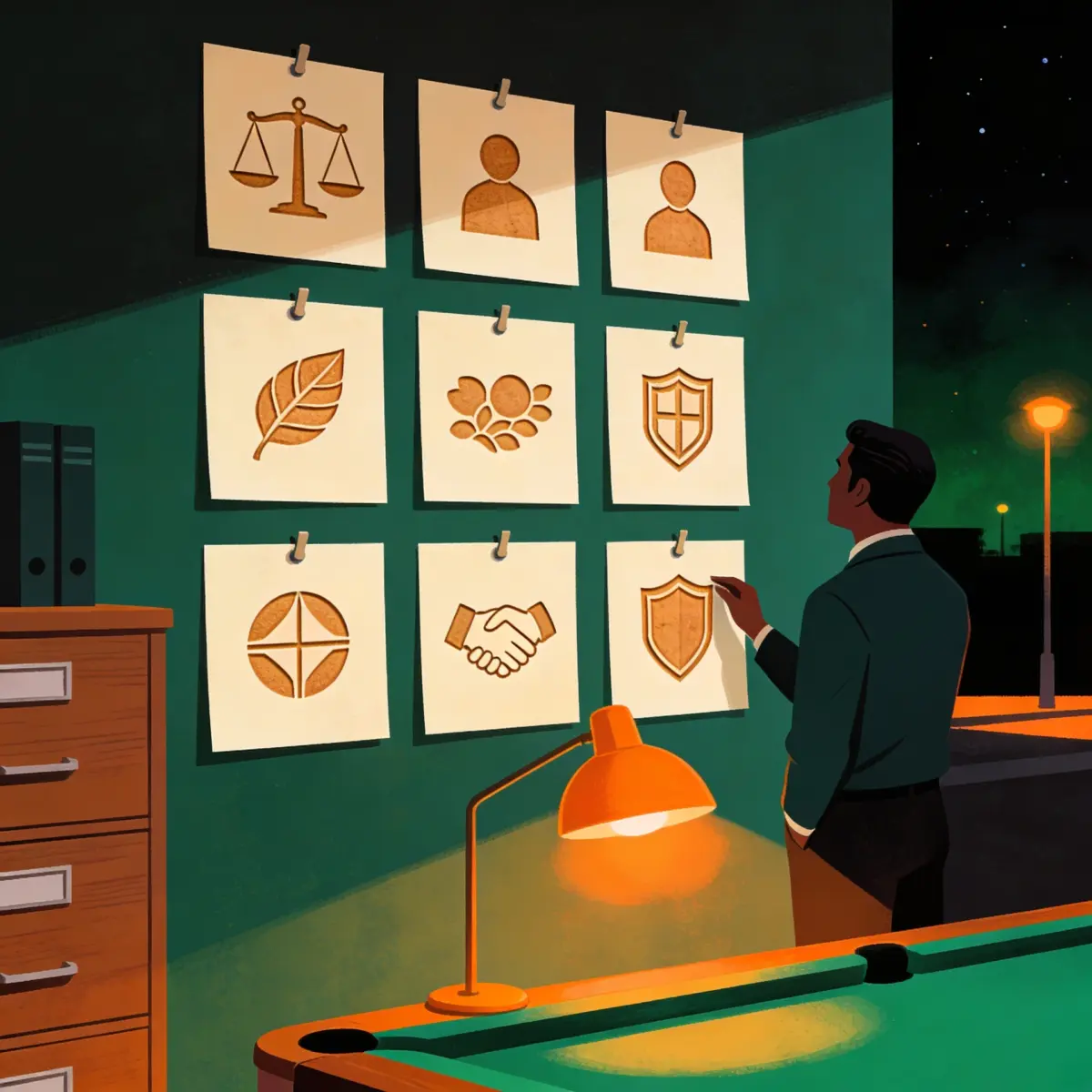 Consultant mapping a listed company against the nine NGRBC principles on a wall chart beside a market capitalisation dial