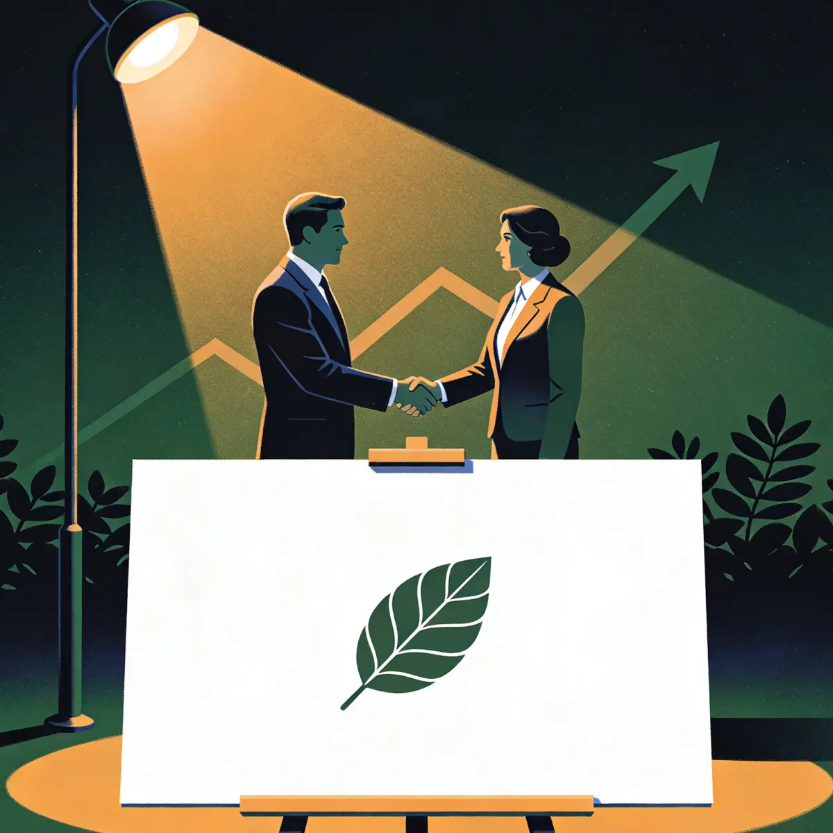 Stakeholders shaking hands above a sustainability report marked with a leaf emblem and a rising trend line
