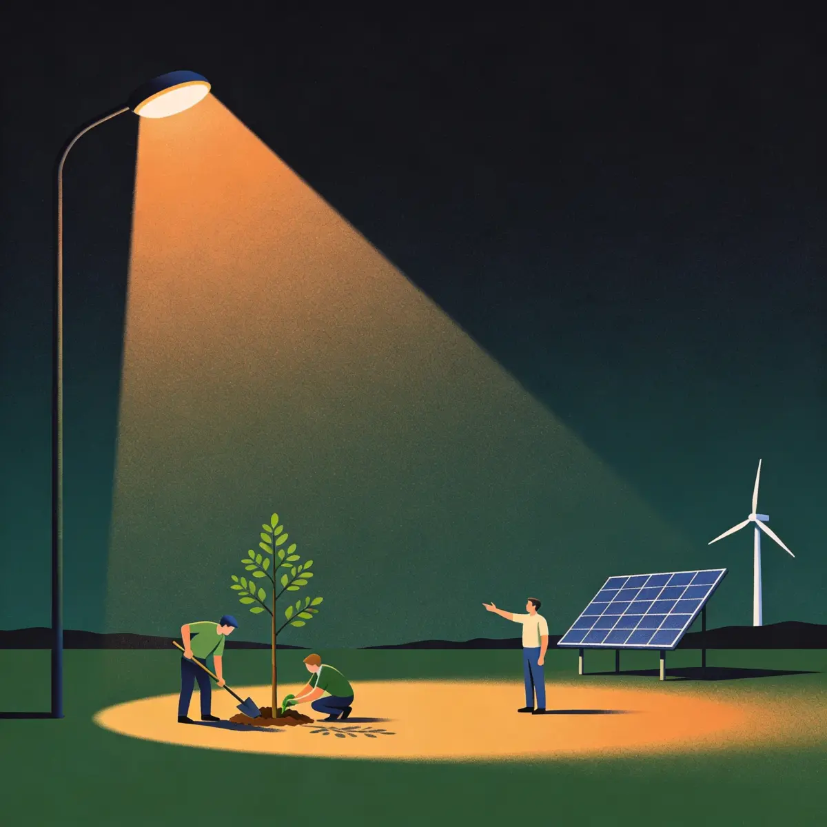 Team planting a tree beside a solar panel and a wind turbine as carbon reduction measures