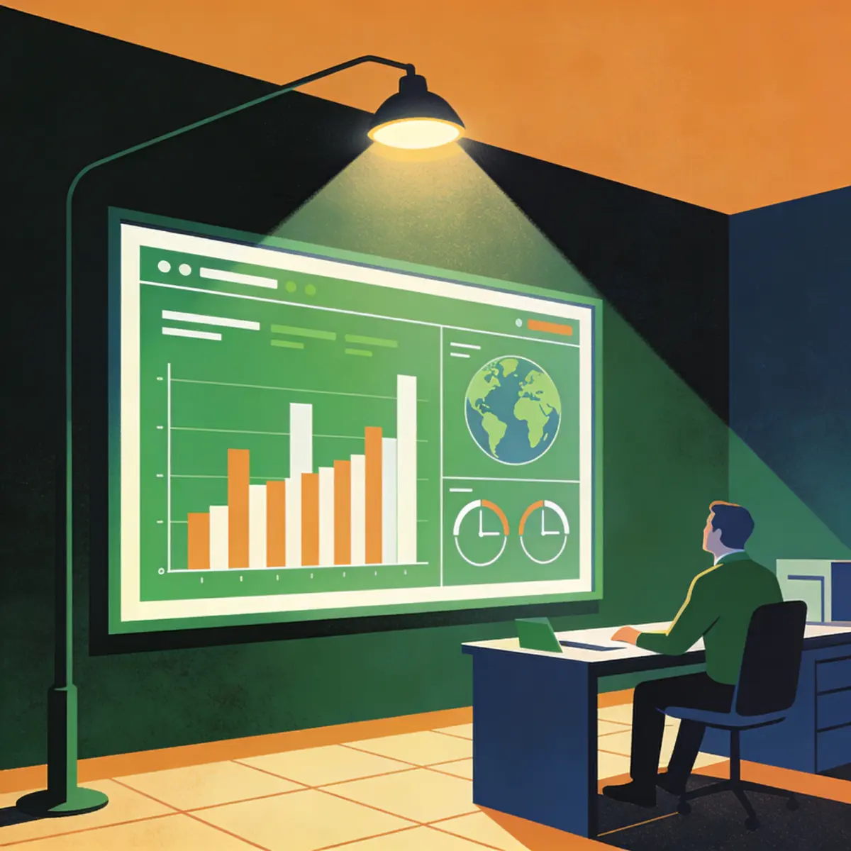 Analyst estimating greenhouse gas emissions on a wall dashboard with charts, gauges and a globe