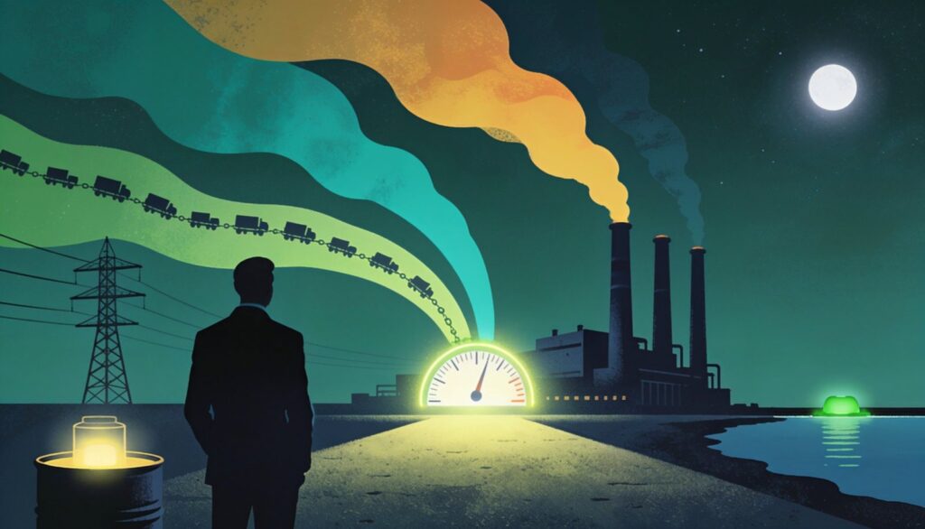 Editorial night illustration: a faceless analyst before an industrial facility with chimneys, three coloured emission streams for Scope 1, Scope 2 and Scope 3 rising and being measured at a gauge toward a net-zero horizon glow.