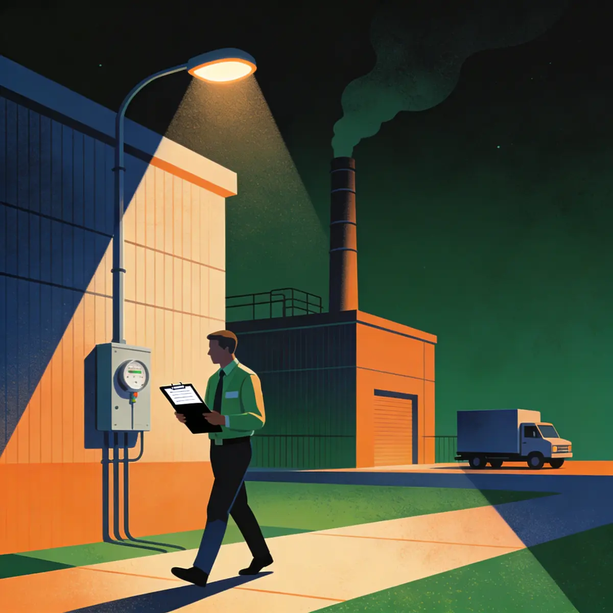 Auditor identifying emission sources on a facility walk down beside an electricity meter, a smokestack and a delivery truck at night