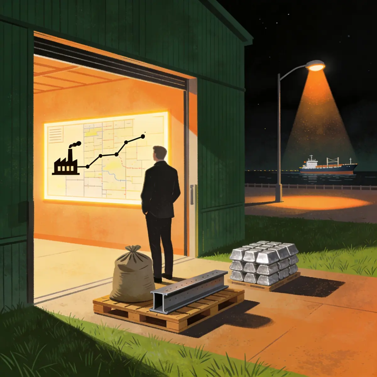 Consultant mapping export goods against the European border on a wall chart beside cement, steel and aluminium symbols