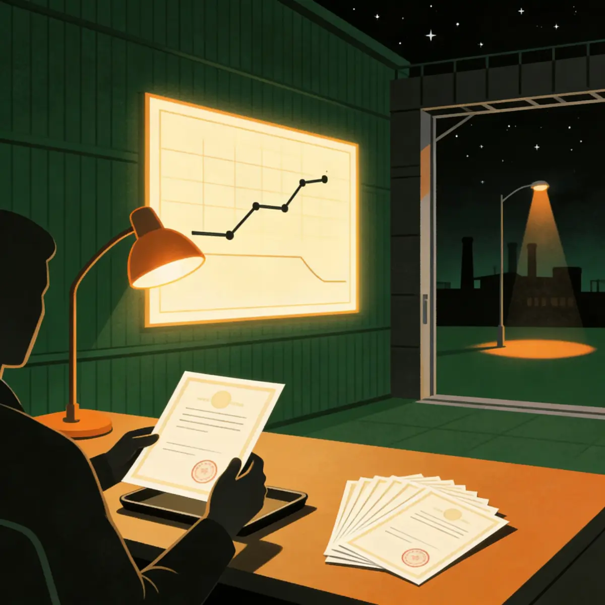 Illustration of a consultant reviewing stamped CBAM certificates under a desk lamp with a rising EU ETS price line and a falling emissions pathway on a wall chart
