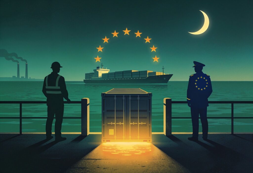 Editorial illustration of the EU Carbon Border Adjustment Mechanism: a faceless dock worker and an EU customs officer stand at a port border on either side of a cargo container glowing with amber light, with a container ship at sea, the European Union ring of twelve stars, and an industrial skyline.