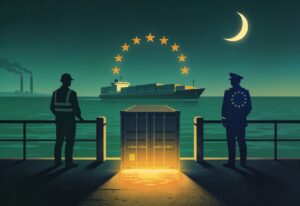 Editorial illustration of the EU Carbon Border Adjustment Mechanism: a faceless dock worker and an EU customs officer stand at a port border on either side of a cargo container glowing with amber light, with a container ship at sea, the European Union ring of twelve stars, and an industrial skyline.