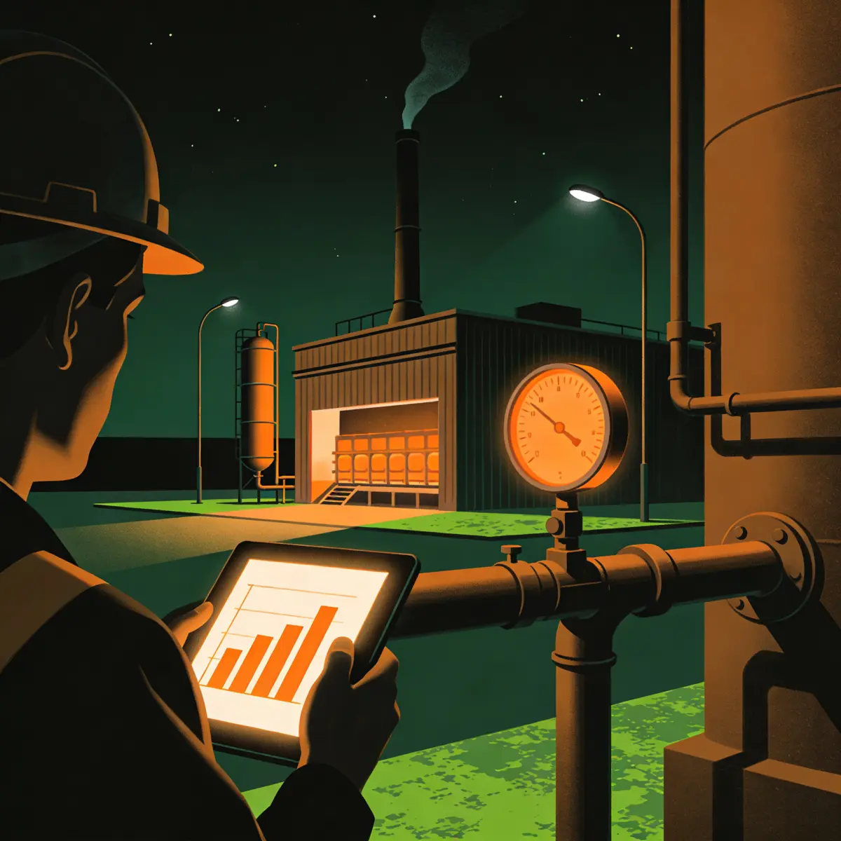 Engineer measuring embedded emissions at a steel installation with a tablet showing emission factors and a furnace behind