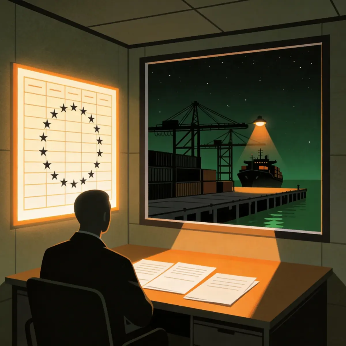 Illustration of a compliance analyst before a glowing CBAM registry ledger sharing verified emissions data with EU importers and authorised declarants beside a night port