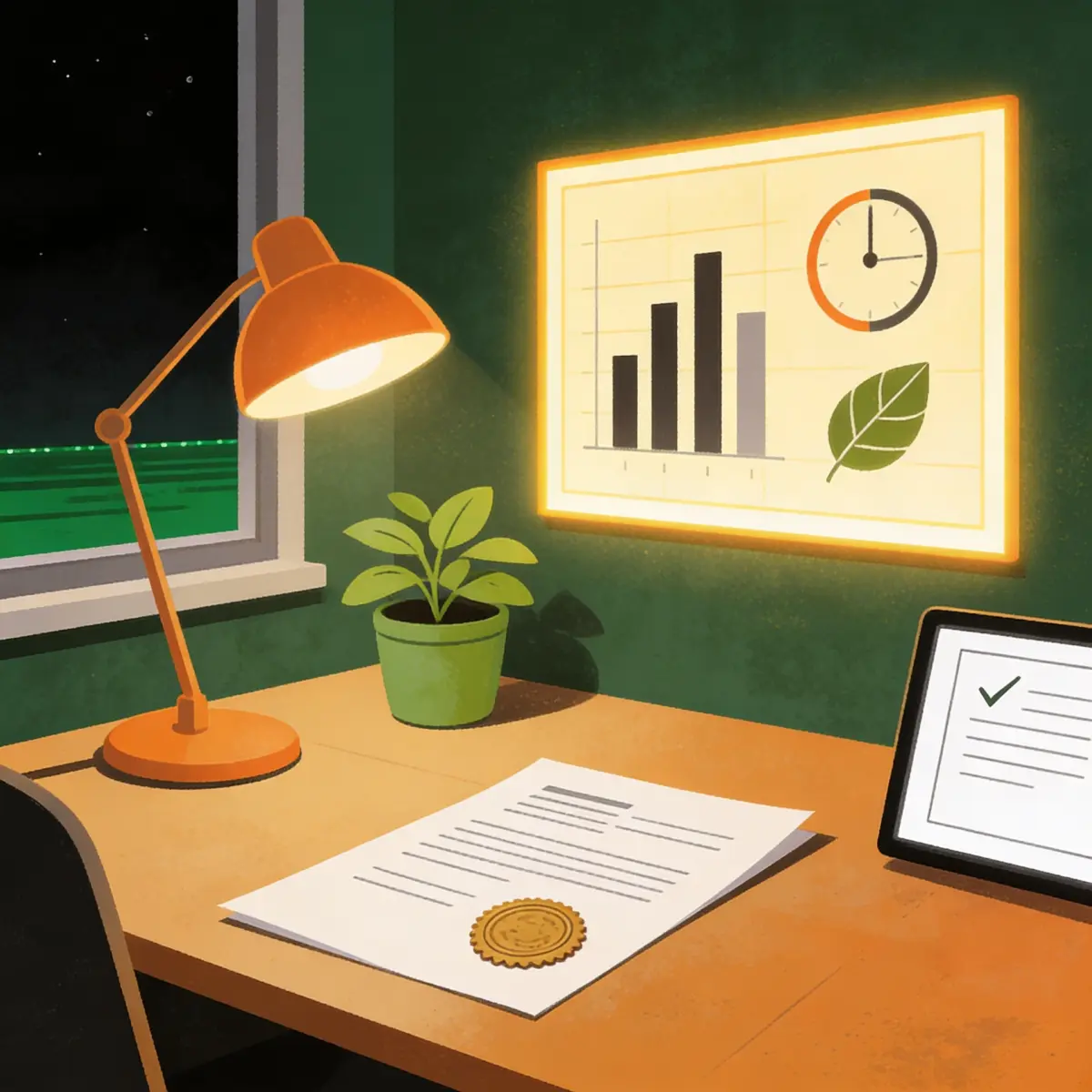 CSR impact assessment dashboard glowing above a desk holding a sealed board report annexure and a filing screen