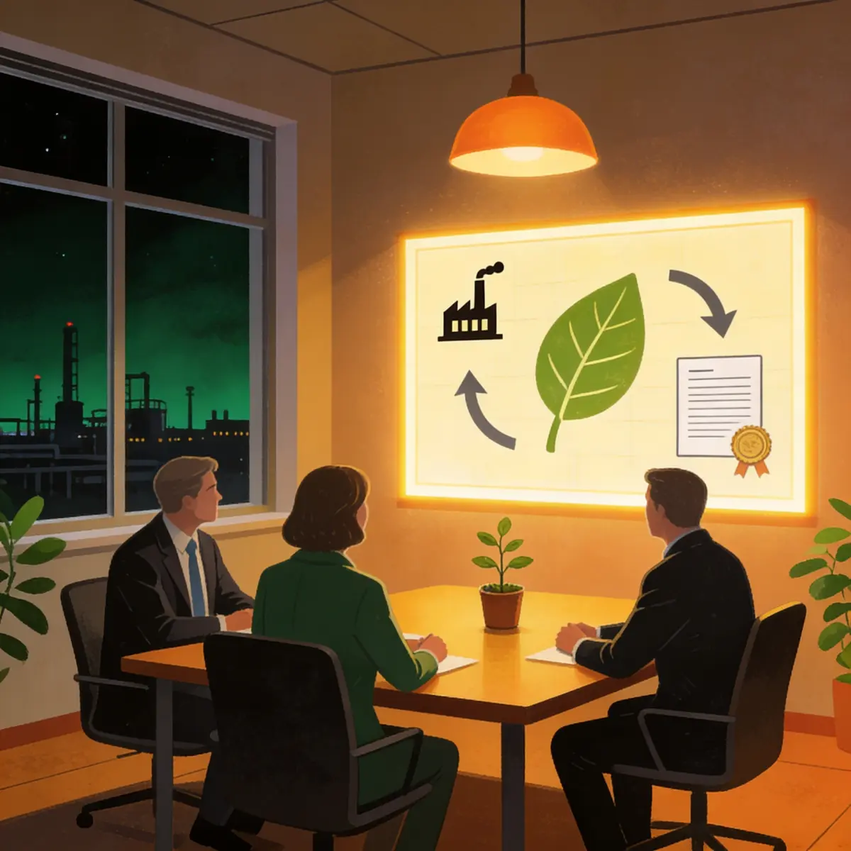 CSR committee reviewing a Section 135 policy at a boardroom table with a Schedule VII activity chart on the wall