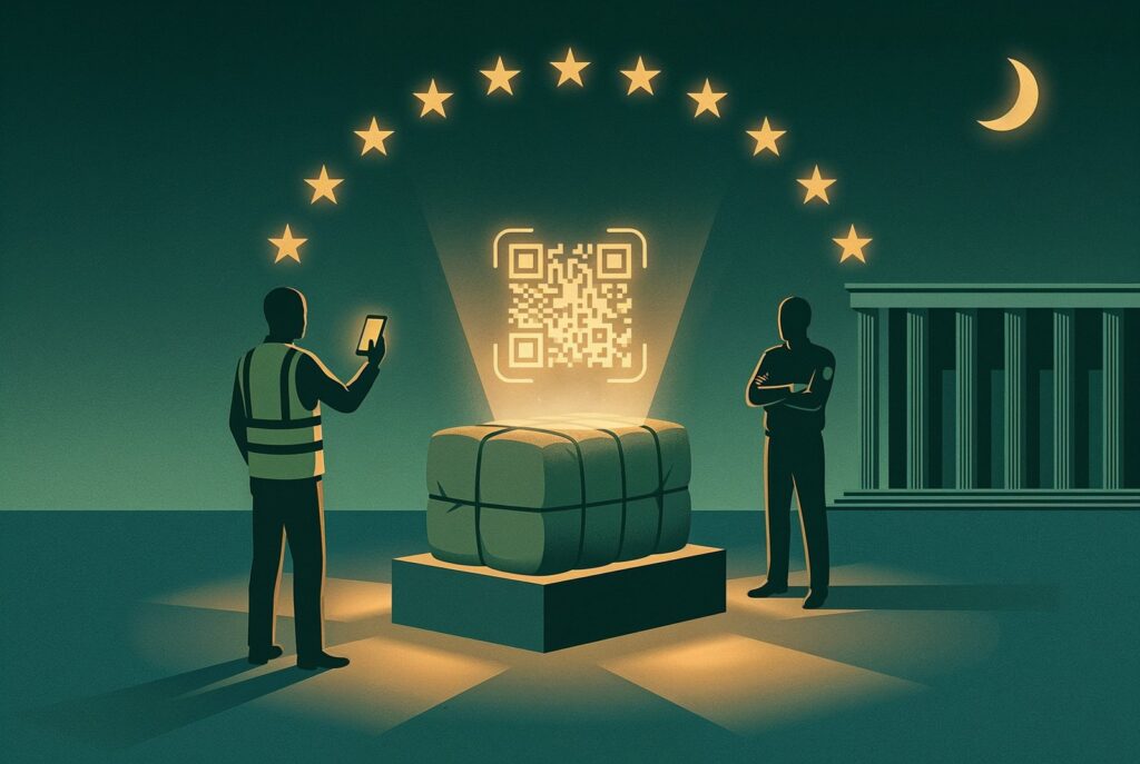 Editorial night illustration of the Digital Product Passport: a faceless worker scans a glowing machine readable data carrier rising from a product on a plinth, a faceless customs official stands by the European Union registry building, beneath an arch of twelve gold stars.