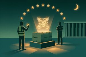 Editorial night illustration of the Digital Product Passport: a faceless worker scans a glowing machine readable data carrier rising from a product on a plinth, a faceless customs official stands by the European Union registry building, beneath an arch of twelve gold stars.