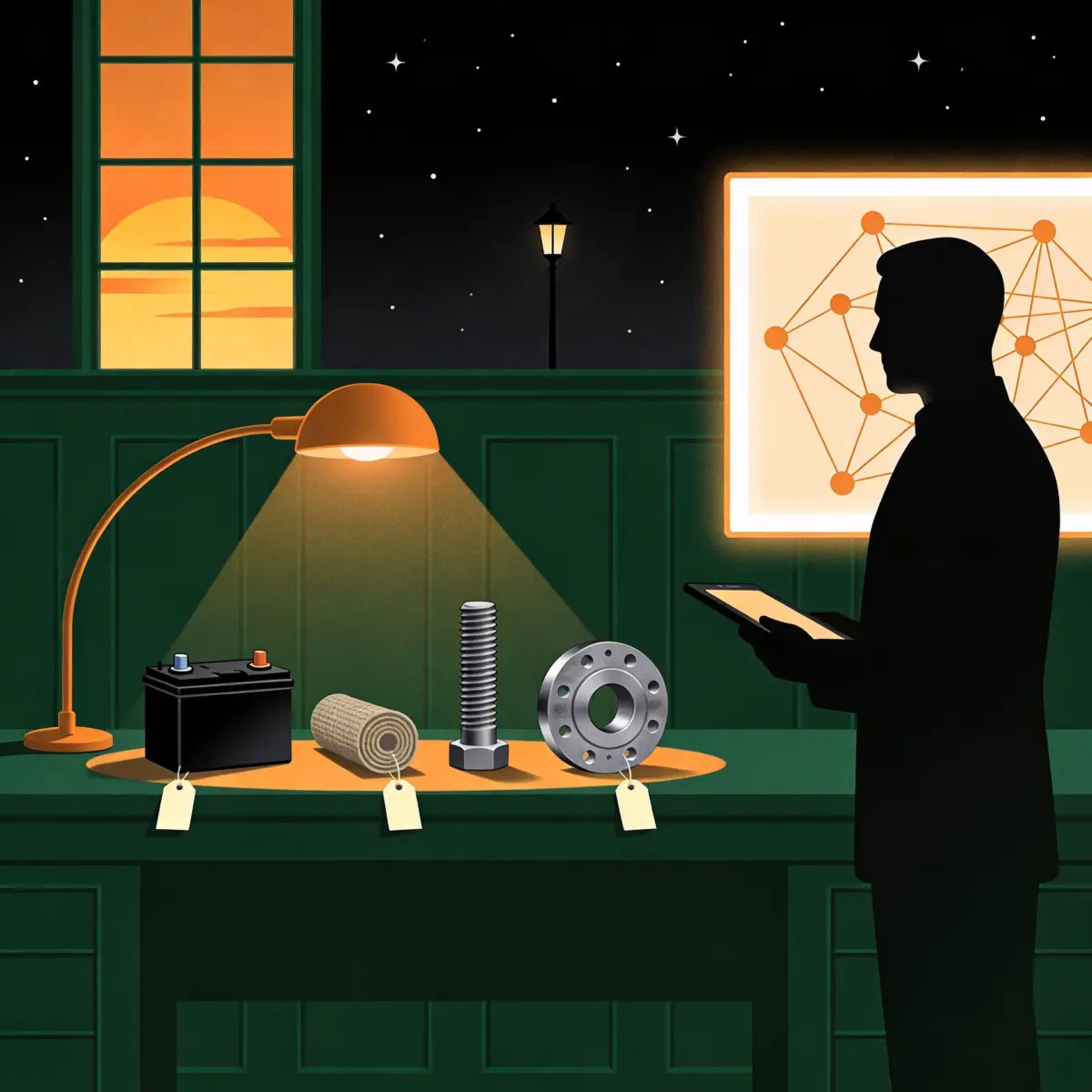 Consultant mapping a battery, a textile bolt and a steel part to a product passport data sheet on a wall chart at a night workbench
