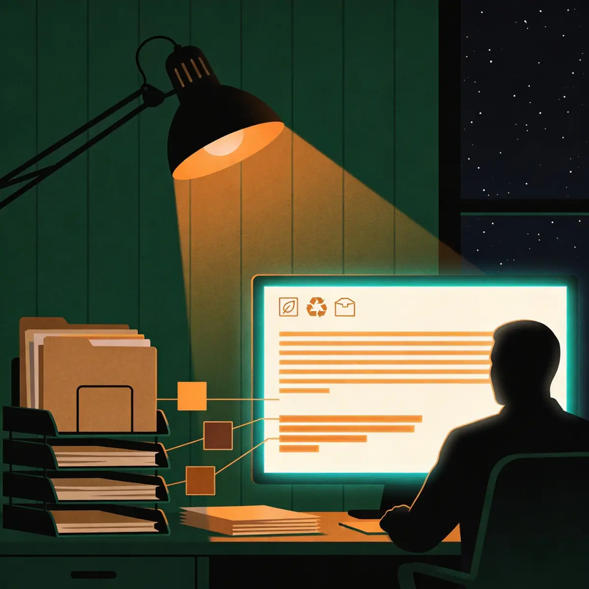 Analyst assembling a digital product passport record from supply tier documents into structured material and recycled content data on a night office screen
