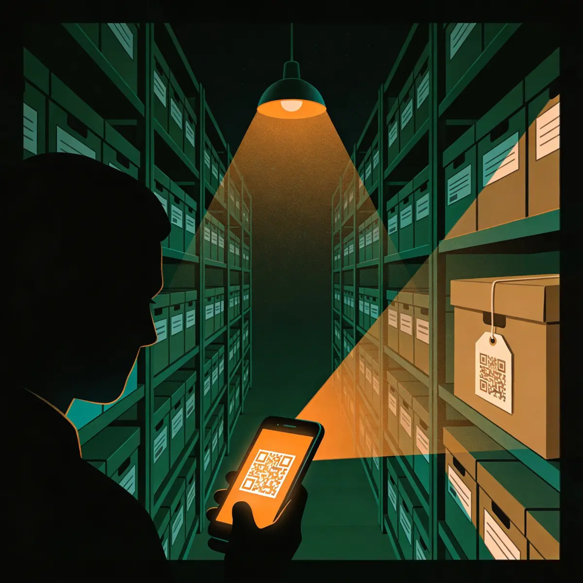 Engineer scanning a QR code data carrier on a product to reach its digital product passport record among warehouse shelves at night