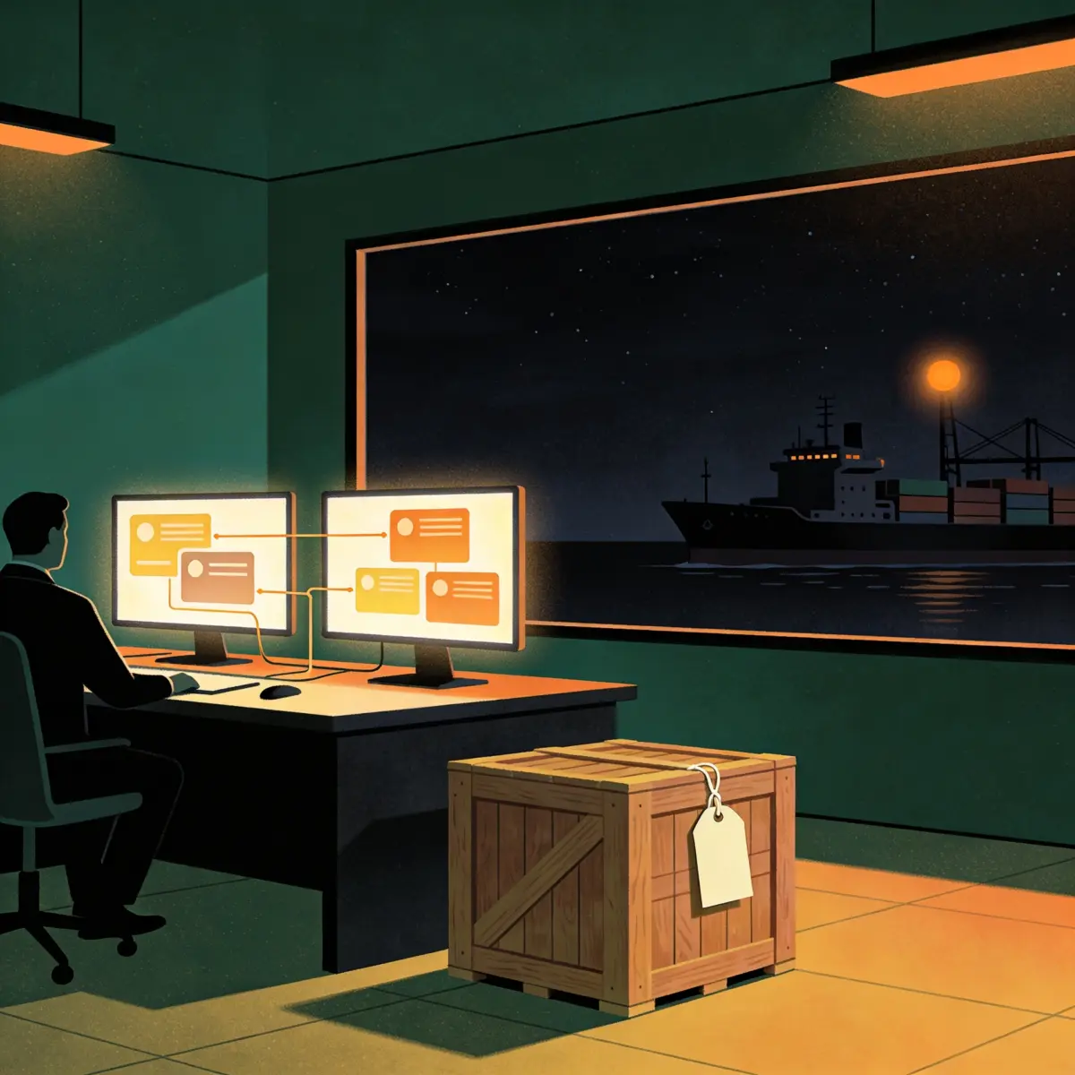 Compliance analyst before a glowing EU digital product passport registry screen beside an export crate bound for the European market at night