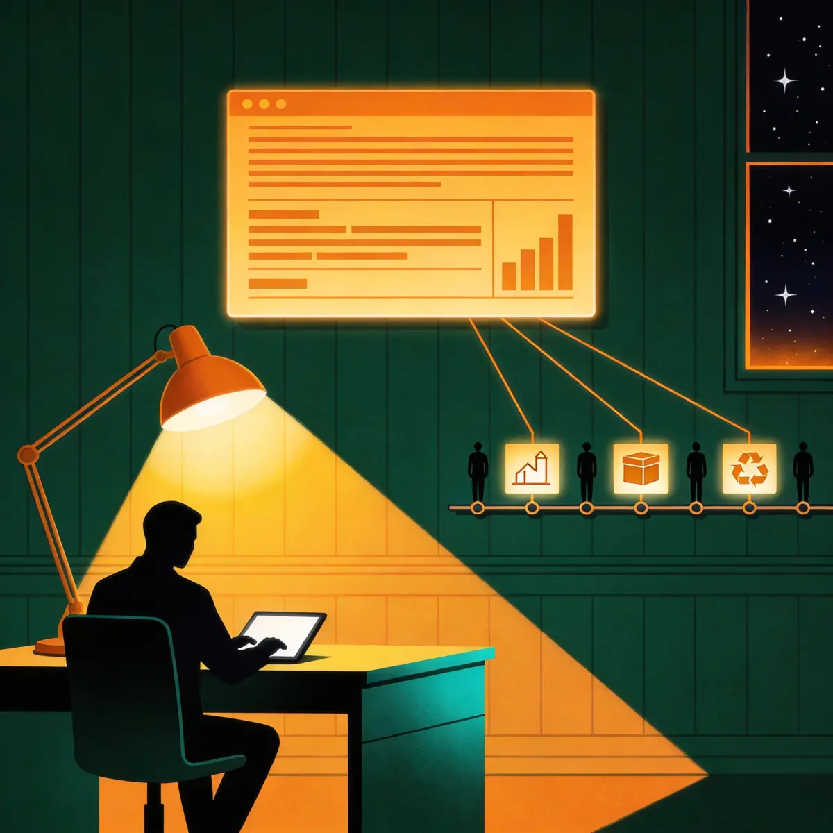 Compliance team maintaining a digital product passport record shared with manufacturer, importer and recycler readers along a value chain at a night desk