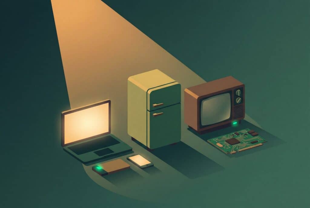 Electronic equipment covered by e-waste EPR: laptop, phone, refrigerator, television and circuit board