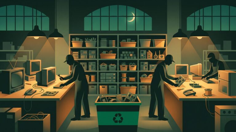 Night electronics-recycling workshop dismantling devices into recovered components