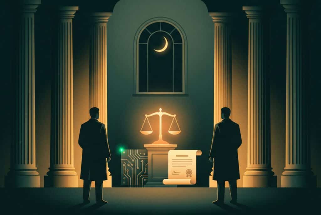 Scales of justice with a circuit board and certificate for the e-waste certificate price band court case