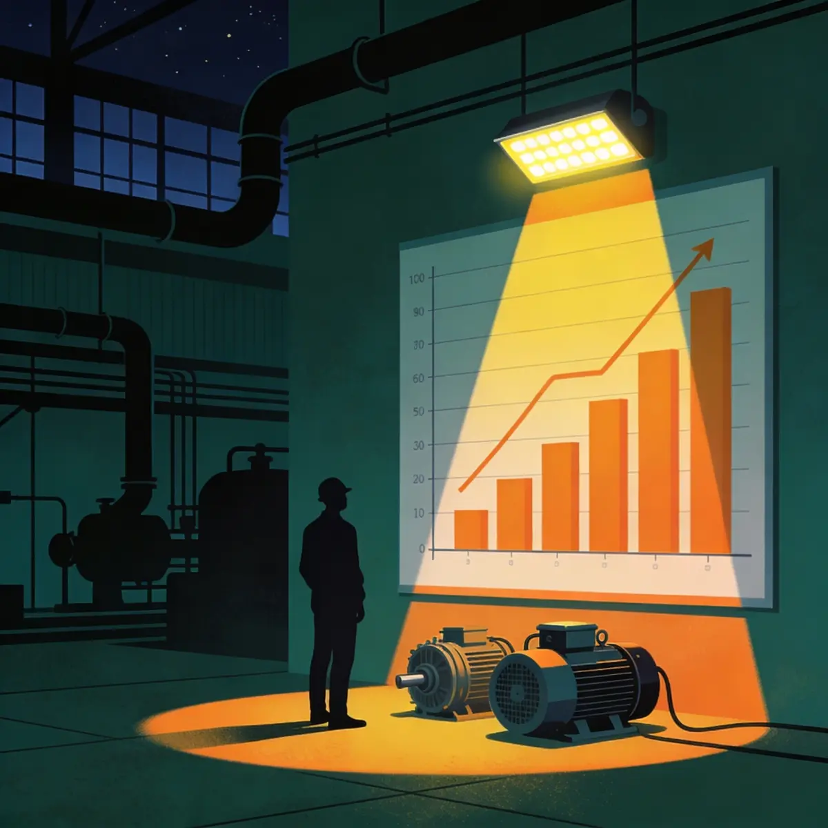 Engineer reviewing energy conservation measures ranked by payback beside efficient electric motors and a rising savings chart on a factory floor at night