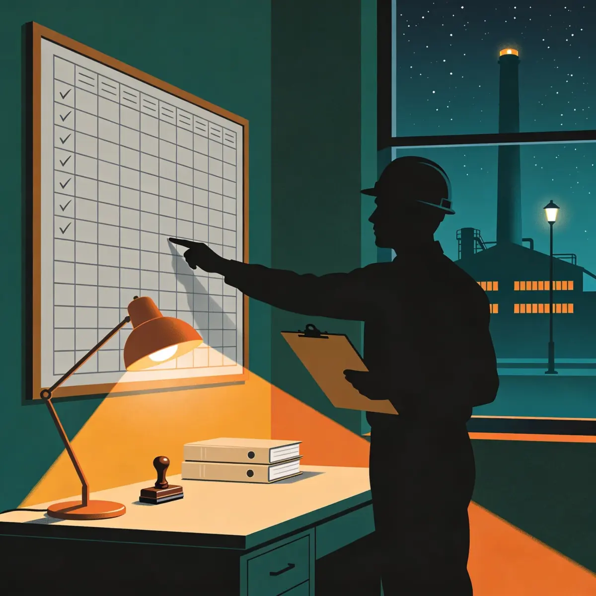 Accredited energy auditor in a hard hat confirming the audit scope against a planning board beside an energy-intensive factory at night