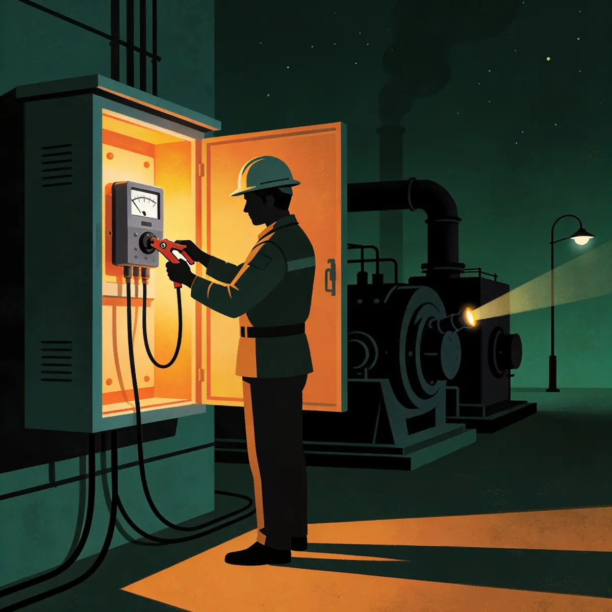 Accredited energy auditor reading a panel meter and a clamp meter at an electrical distribution board inside an energy-intensive facility