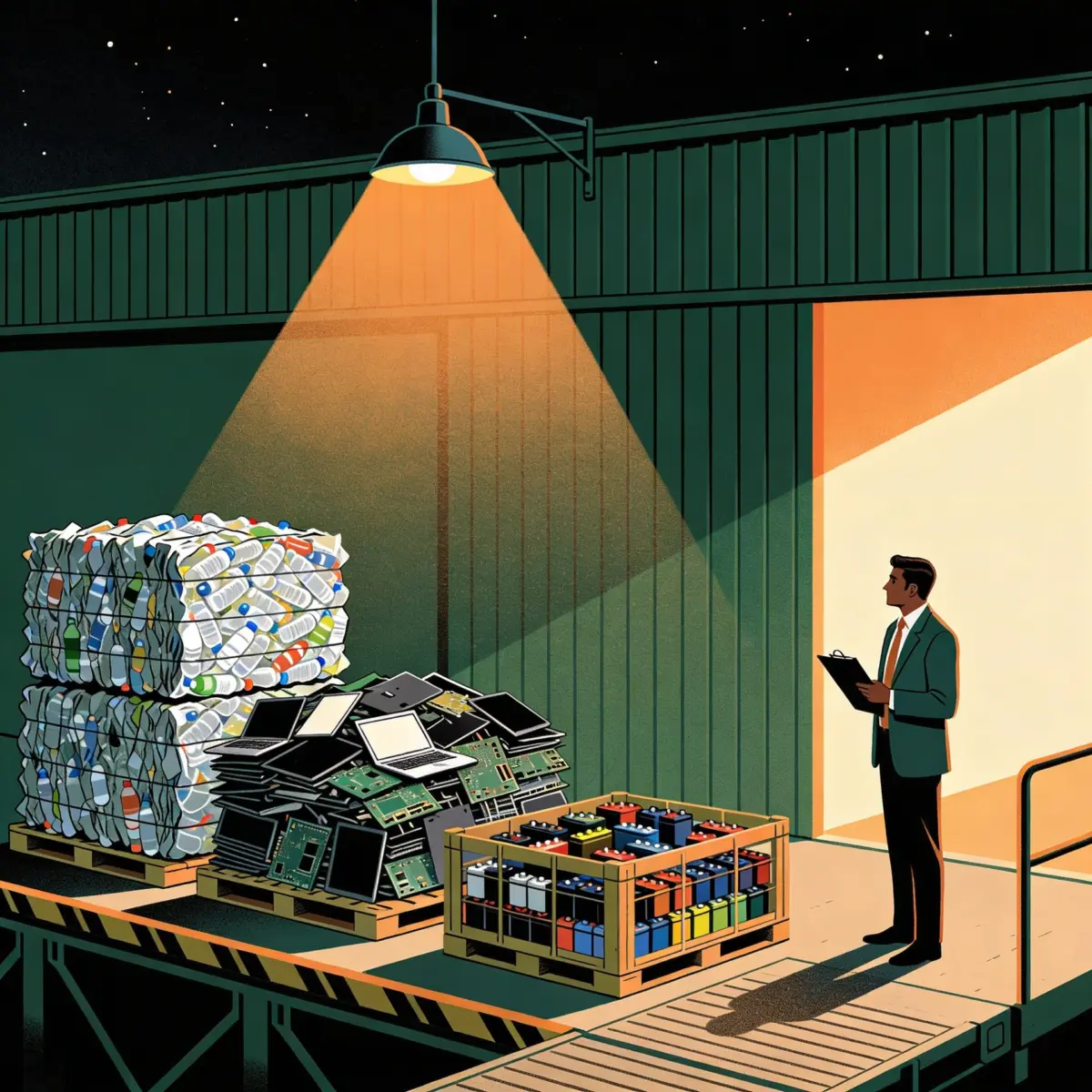Consultant sorting plastic packaging, an electronic circuit board and a battery into three labelled CPCB registration lanes