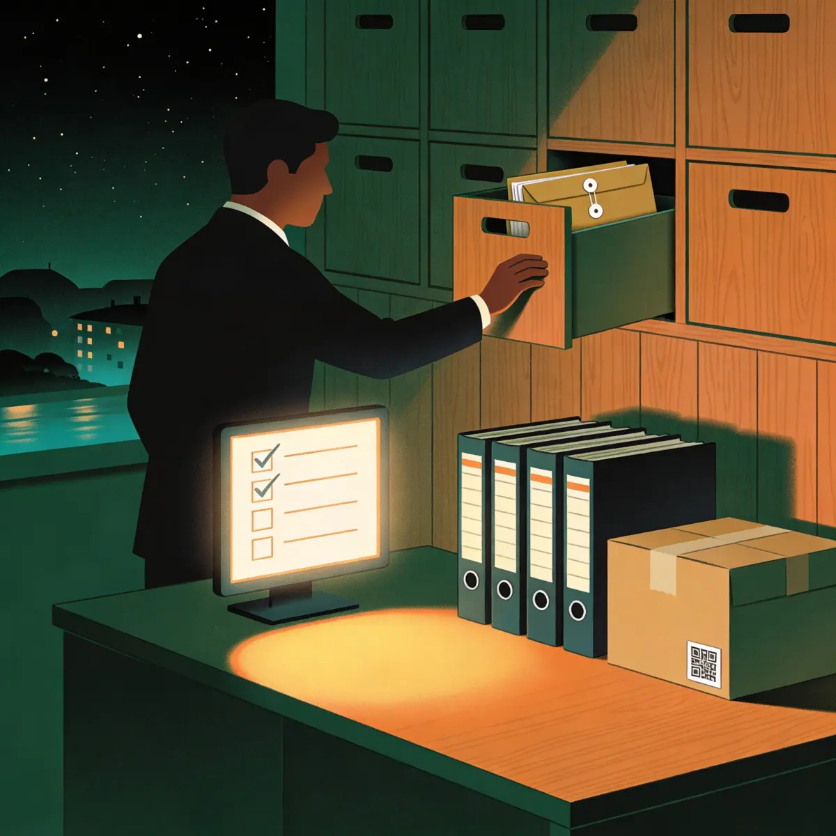 Consultant filing EPR returns into a wall of records with a ticked compliance checklist and bound registers
