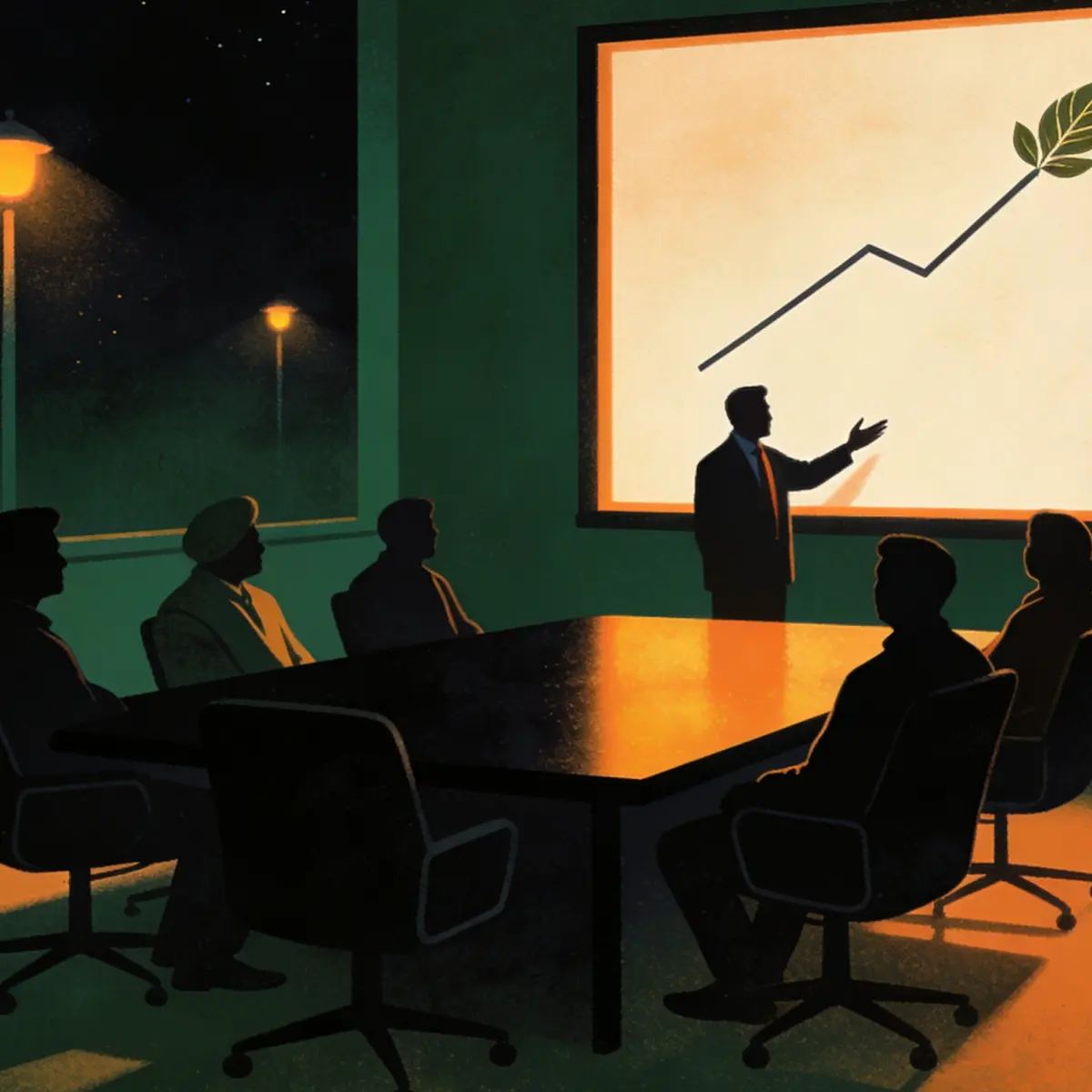 Board members reviewing an ESG disclosure across the environmental, social and governance pillars with an investor-grade rating dial on screen