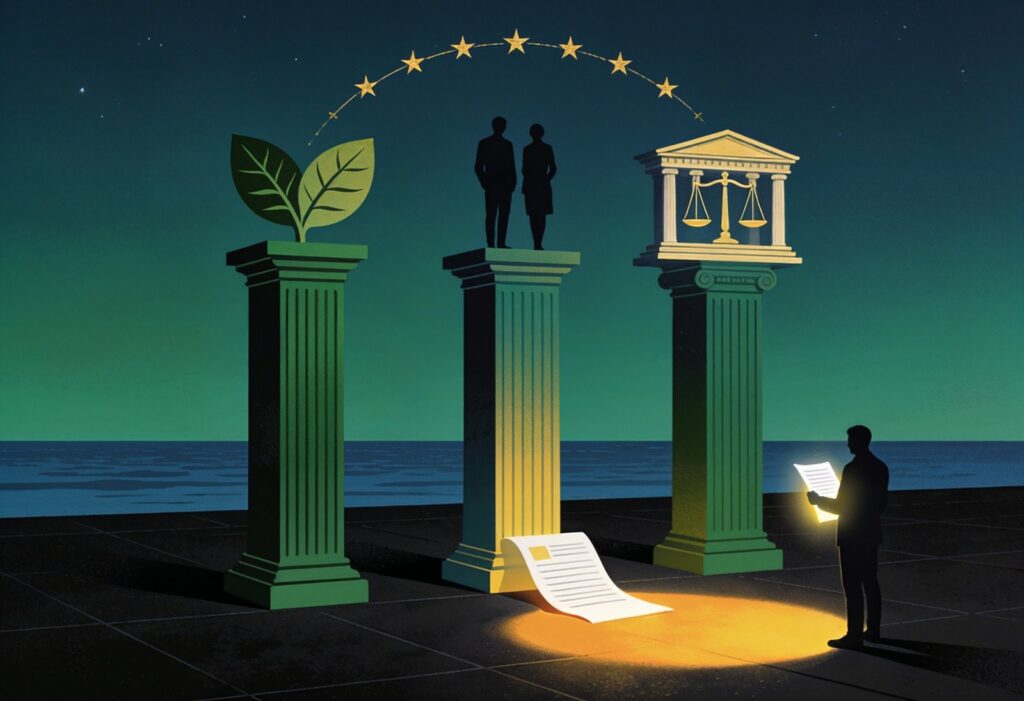 Flat editorial illustration of an ESG framework: three classical pillars on a dark plaza under a deep teal-green night sky, the left pillar crowned with an environmental leaf, the centre pillar with two faceless human silhouettes for the social pillar, and the right pillar with a governance balance scale in a colonnaded portico, while a faceless analyst reads a glowing report sheet that casts a warm amber light pool, beneath an arc of golden European Union stars.