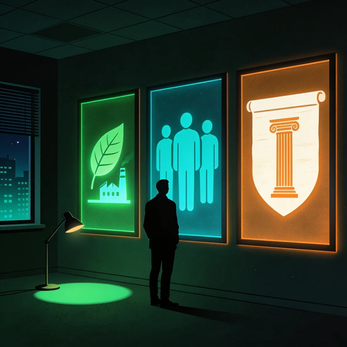 ESG consultant mapping environmental, social and governance material topics across three glowing pillar panels on a night office wall