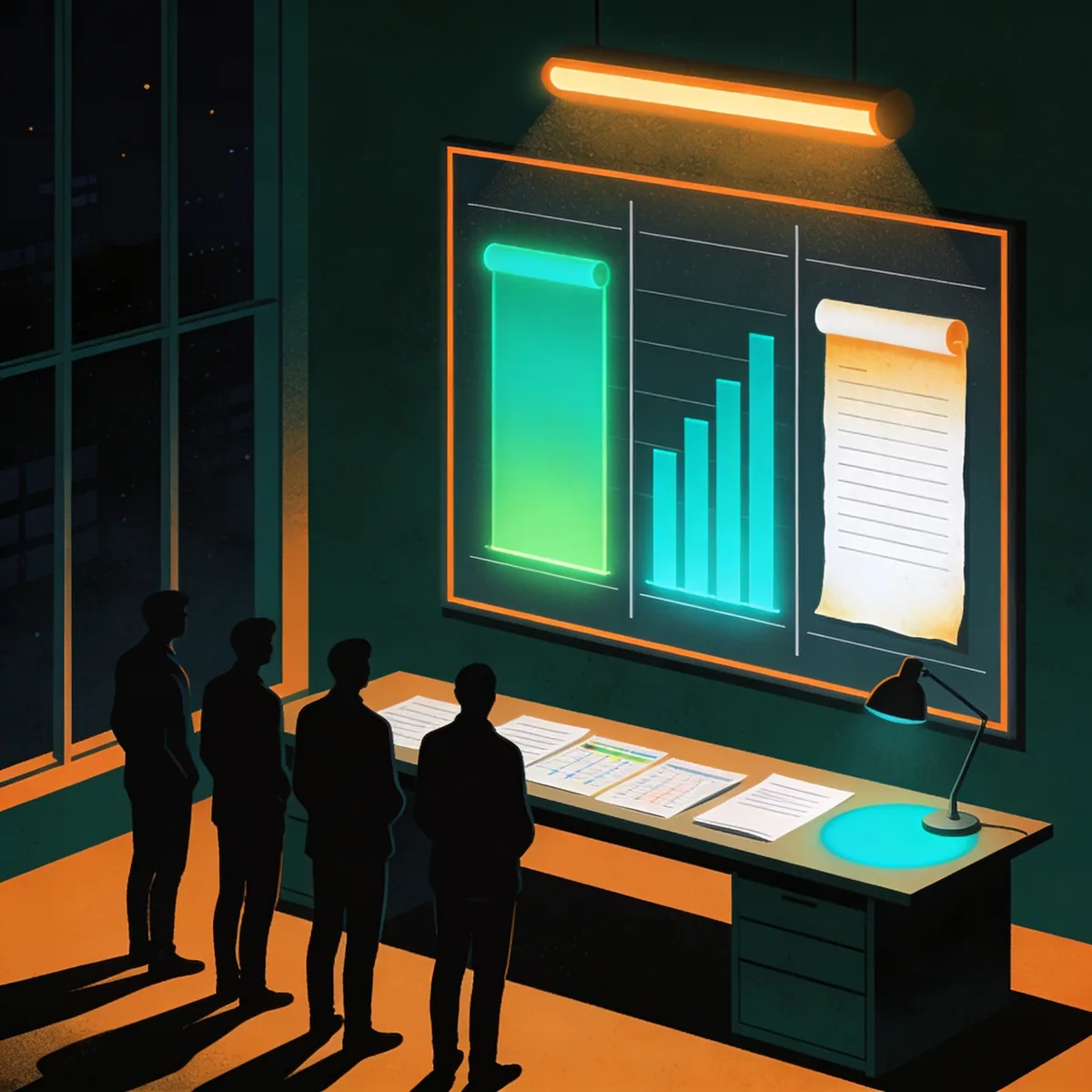 ESG team building an environmental, social and governance data baseline across three pillar columns on a studio screen