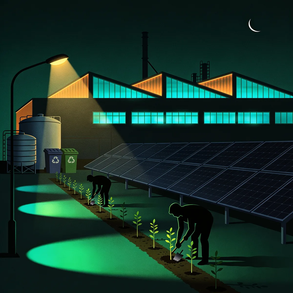 Teams closing environmental, social and governance gaps at a night facility with solar panels, saplings and recycling bins