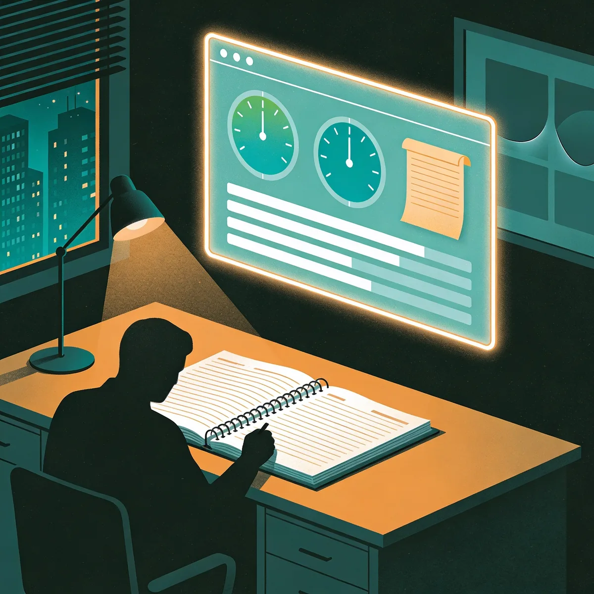 ESG disclosure dashboard with pillar gauges glowing above a desk holding a drafted BRSR sustainability report