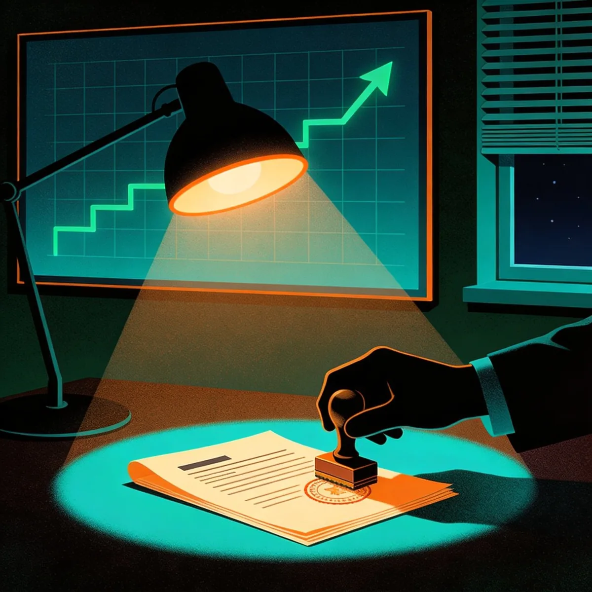 Auditor stamping an assurance sign-off on an ESG report beside a rising improvement chart