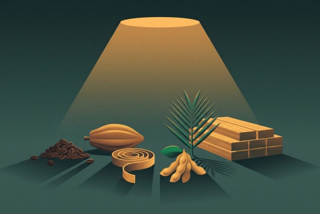 EUDR covered commodities: coffee, cocoa, rubber, soya, oil palm and wood