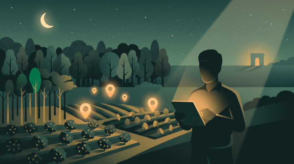 Moonlit deforestation-free plantation with geolocation pins beside a protected forest under the EUDR