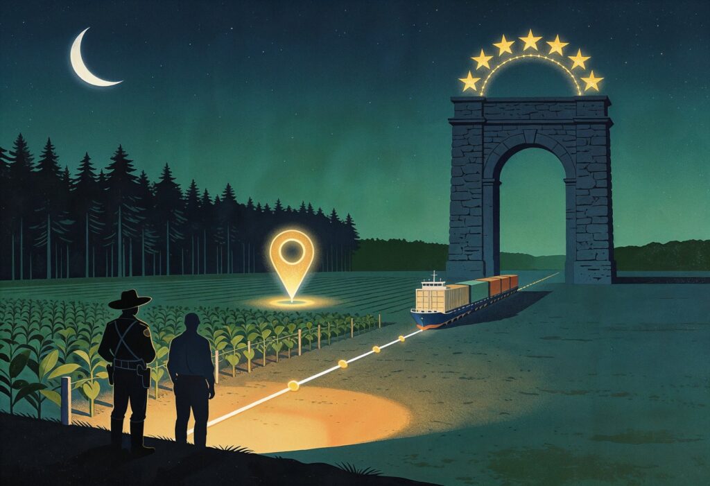 Editorial night illustration of the EUDR due diligence path: a faceless ranger and farmer at a forest and plantation boundary in India, a glowing geolocation pin over the plot, and an amber deforestation-free supply route carrying cargo through a twelve-star European Union stone arch into the EU market, in a teal-green night palette with amber glow.
