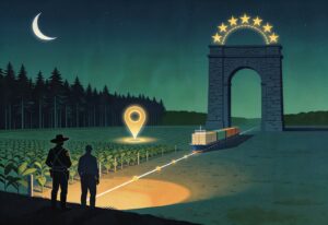 Editorial diagram of the EUDR due diligence path: a faceless ranger and farmer at a forest and plantation boundary in India, a glowing geolocation pin over the plot, and a deforestation-free cargo route crossing to a twelve-star European Union arch into the EU market.