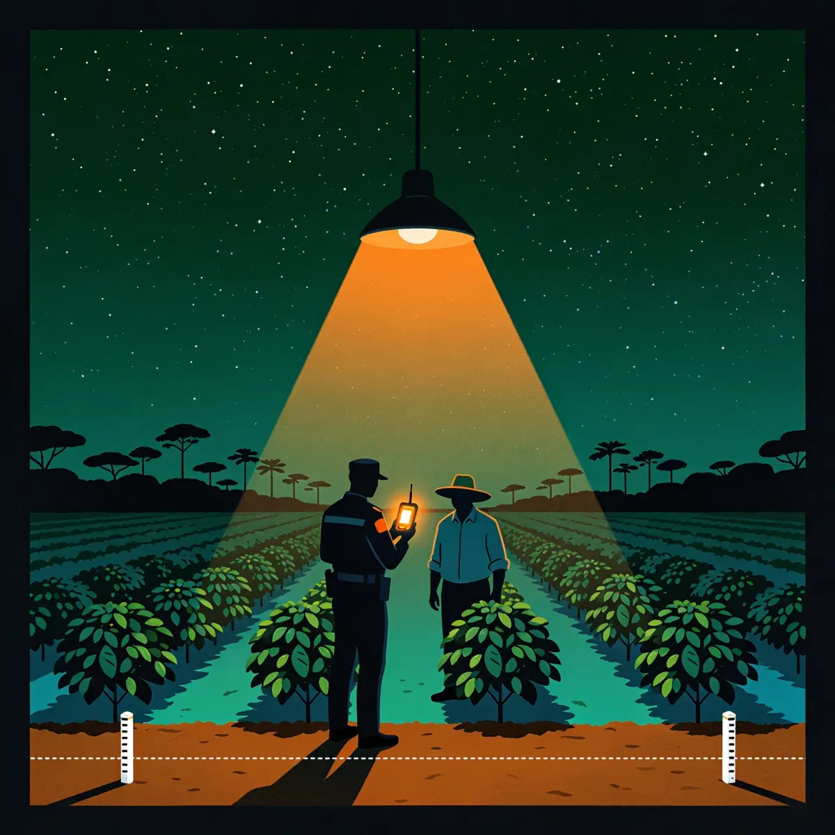 Field officer geolocating a coffee plantation plot by GPS coordinates and a boundary polygon beside the growers at night