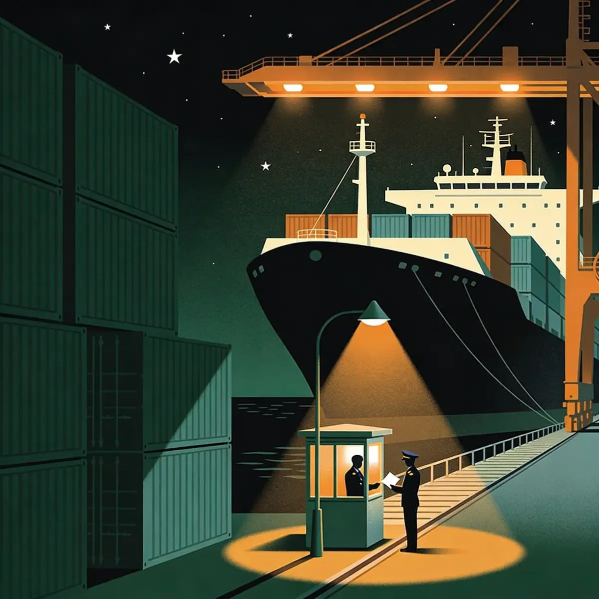 Coffee and rubber consignments clearing the European border at a night port while an officer checks the due diligence reference number