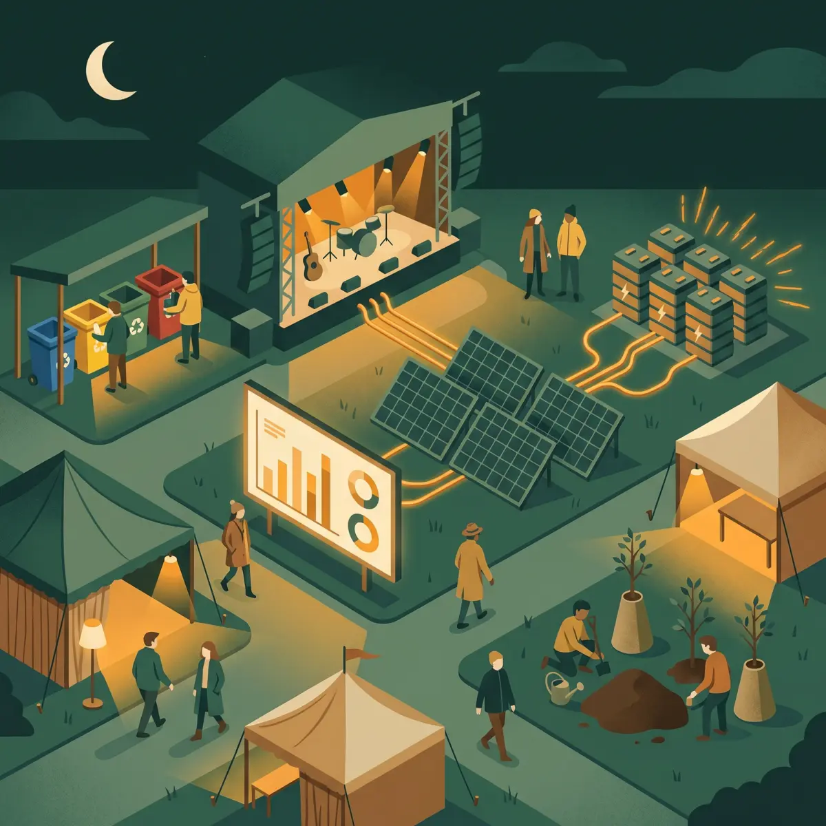 An event powered by solar with a live recycling studio and a before and after carbon report on a screen
