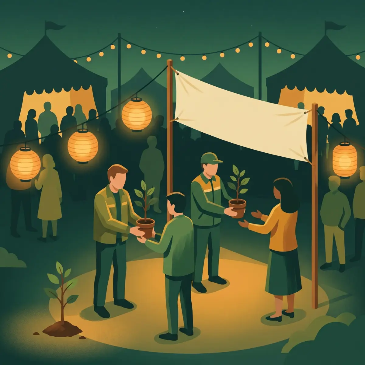 Event sustainability campaign panel beside a tree planting and a verified carbon credit certificate