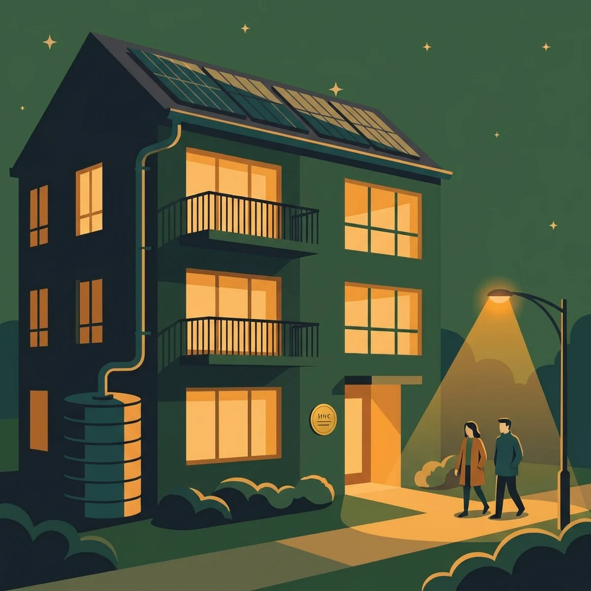 A certified green building with rooftop solar, a rainwater tank and daylit balconies at dusk