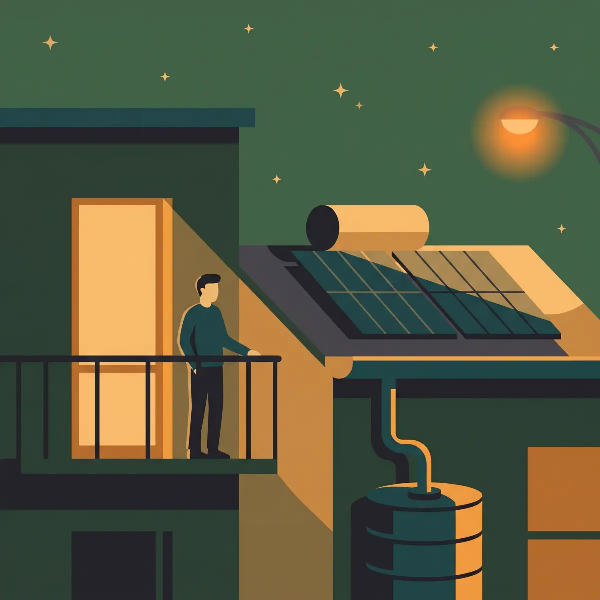 A green building section showing rooftop solar, rainwater harvesting and daylighting integrated into the design