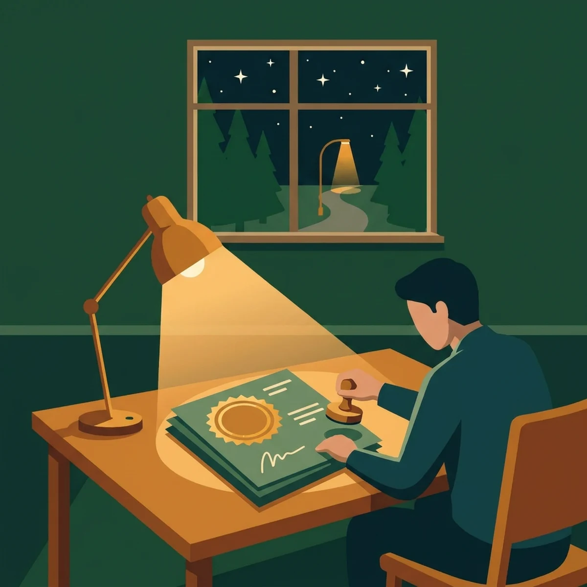 Green building certification documents with a rating seal under a desk lamp