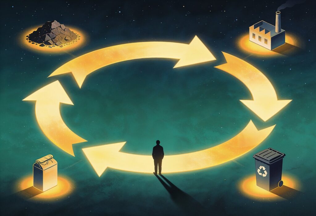 Editorial illustration of a product life cycle as a glowing amber loop on a teal-green night scene: a mound of mined raw material, a factory with a chimney, a recycling bin and a sealed product arranged around a circular cradle to cradle journey, with a single faceless figure at the centre contemplating the loop.
