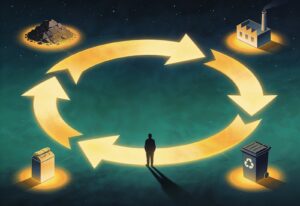 Editorial illustration of a product life cycle as a glowing amber loop on a teal-green night scene: a mound of mined raw material, a factory with a chimney, a recycling bin and a sealed product, arranged around a circular cradle-to-cradle journey, with a single faceless figure standing at the centre contemplating the loop.